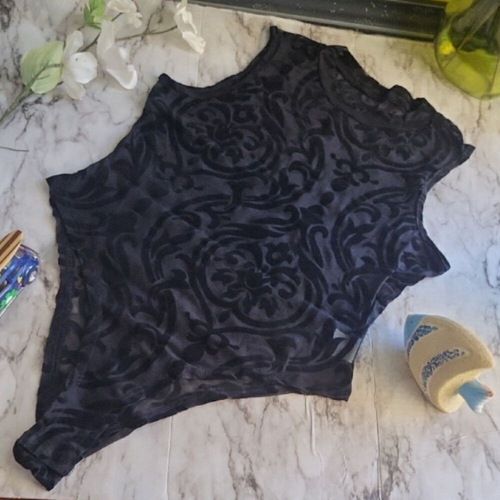 Elegant Sexy Geometric-Patterned Black Sleeveless Bodysuit Knit Fabric Crew Neck - Picture 4 of 11